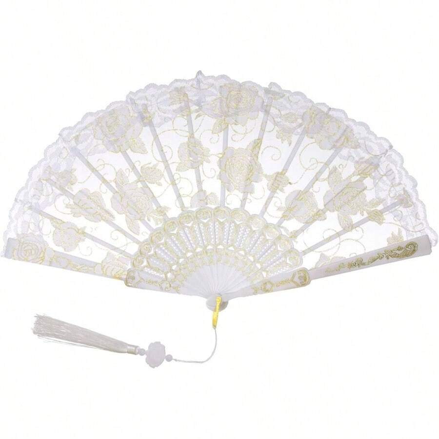 Lace Handheld Folding Fan Embroidered Flower Decorative Folding Fans Japanese Hand Fan 1920s Costume Wedding Bridal Dancing Tea Party 1, White - 1 + Trắng - Xem 1