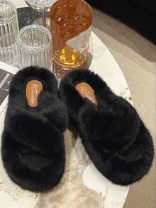 2025 New Women's Winter Viral Thick-Sole High Heel Fluffy Slippers For Outdoor Wear, Autumn New Fairy Style Short Girl Slouchy Increasing Height Platform Slippers, Home/Office Slippers, Size 34-42