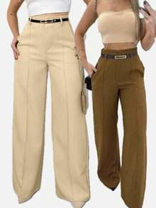 Kit Of 2 Women's Tailored Wide Leg Pants With Belt - Beige / Caramel - View 3