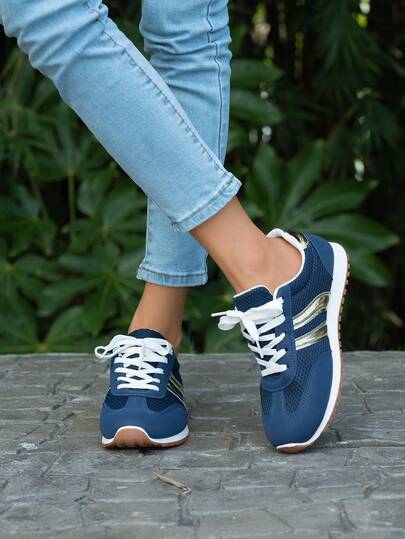 New Autumn Fashion Bicolor Sports Shoes, Made Of Soft, Comfortable And Breathable Premium PU Material, Classic Beige Uppers With Contrasting Navy Blue Stripes, Fashionable And Versatile, Comfortable And Durable, Lightweight And Non-Slip Sole, Suitable For Daily Wear, Commuting, Dating, Casual Strolling And More Occasions