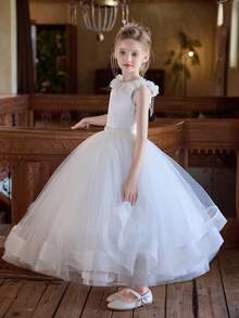 长款优雅白色花童连衣裙，蓬松薄纱女童裙 - 白色 - 查看 9