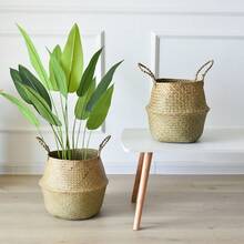 1/3 pièces Panier de rangement abdominal en herbe de mer avec poignées - Décoration de plante naturelle bohème pliable pour plantes d'intérieur, pique-nique, épicerie et linge