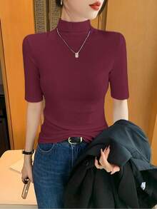 Women's Cotton T-Shirt With Three-Quarter Sleeves, High Neck, Rib Knit, Regular Fit, High Stretch Fabric - Burgundy - View 3