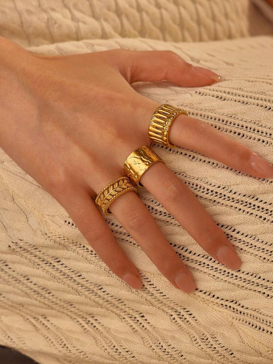 3pcs Stainless Steel Golden Yellow, Stylish And Simple, 3 Different Shapes Of Cast Ring Sets, Suitable For Daily Wear Or Gift Giving - Yellow Gold - View 1
