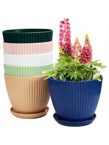 6.Inch Indoor Planter Pots, Plastic Flower Pots With Drainage Hole And Tray Saucer, 6 Pack Outdoor Planters Garden Plants Flowers Succulents, Multicolor Set Multicolor - 彩色 - 查看 1