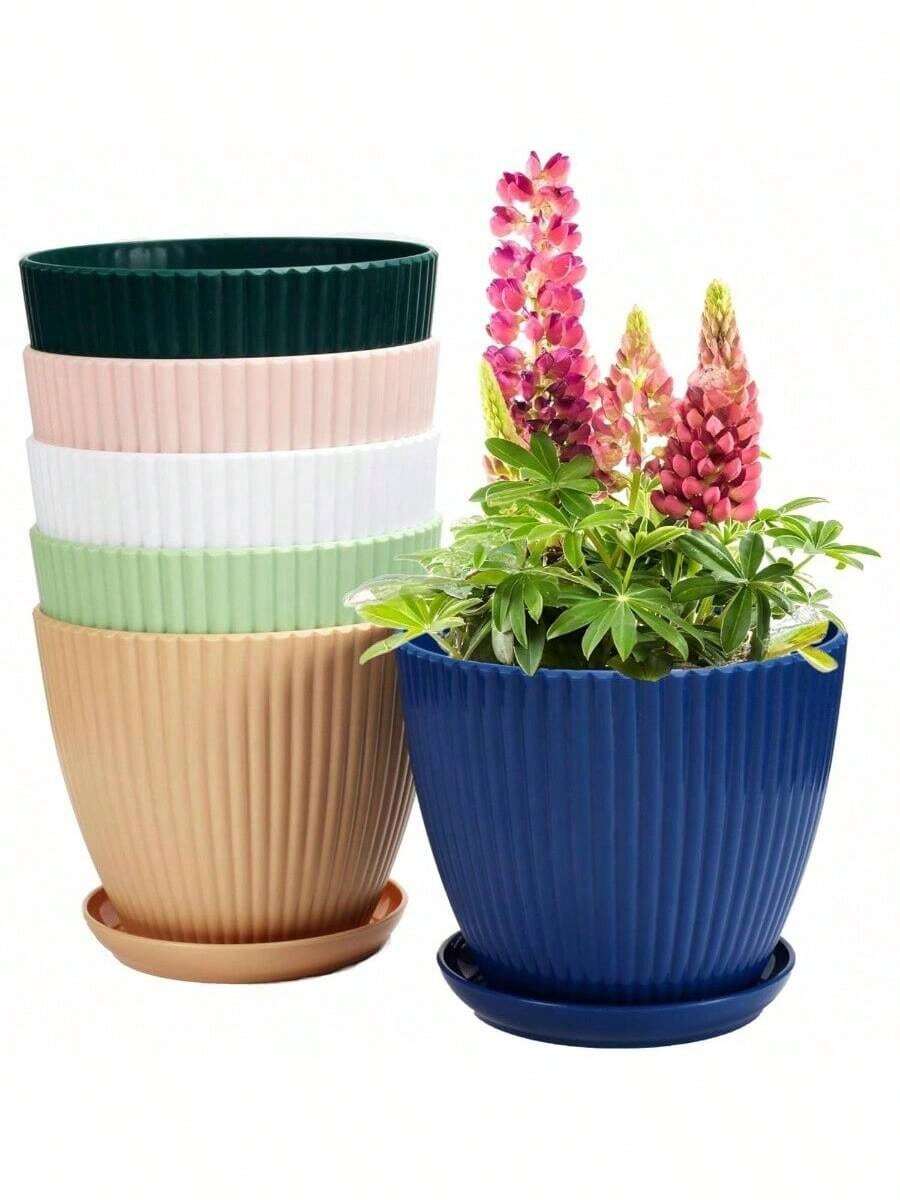 6.Inch Indoor Planter Pots, Plastic Flower Pots With Drainage Hole And Tray Saucer, 6 Pack Outdoor Planters Garden Plants Flowers Succulents, Multicolor Set Multicolor - 彩色 - 查看 1
