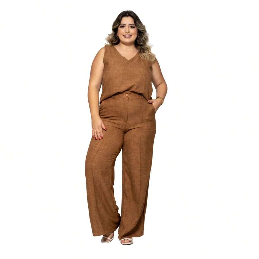 Conjunto Feminino Regata E Pantalona Plus Size conpl-0039 - Marrom - Visão 1