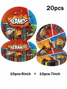 80/10 Sets, Suministros para fiestas con temática de dibujos animados, platos desechables, platos de papel. Incluye platos de 7 pulgadas, platos de 9 pulgadas, vasos de papel, pancartas, manteles desechables y juegos de pañuelos. Adecuado para 10-80 personas, suministros para picnics, fiestas de cumpleaños, campamentos, decoración y actividades de celebración. Regalos para fiestas, despedidas de soltera, decoraciones de restaurantes, utensilios de cocina, clubes, bomberos, Boom, Bang