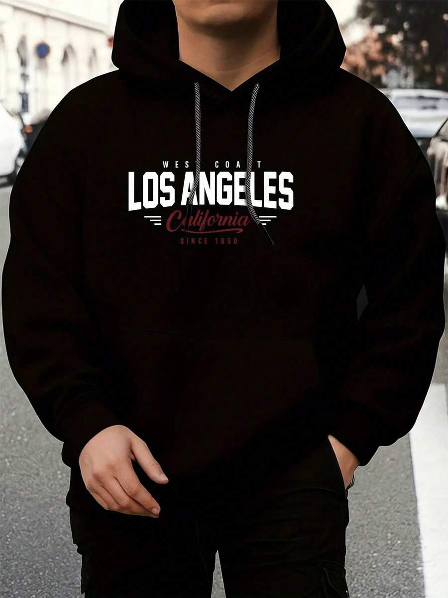 Sudadera con Capucha Holgada para Hombre - Pullover Impreso con Patrón de Los Ángeles, Azul Marino con Letras Blancas, Calidez Casual de Invierno, Ropa para Fanáticos del Deporte de Los Ángeles, Sudadera Lavable aáquina Adecuada para Atuendos Casuales y Eventos Deportivos, Ajuste Holgado con Capucha con Cordón, Tela Suave para Otoño e Invierno, Diseño de Bolsillo Frontal de Moda para Hombre, Adecuada para Salidas Casuales y Uso en Casa - Negro - Ver 1