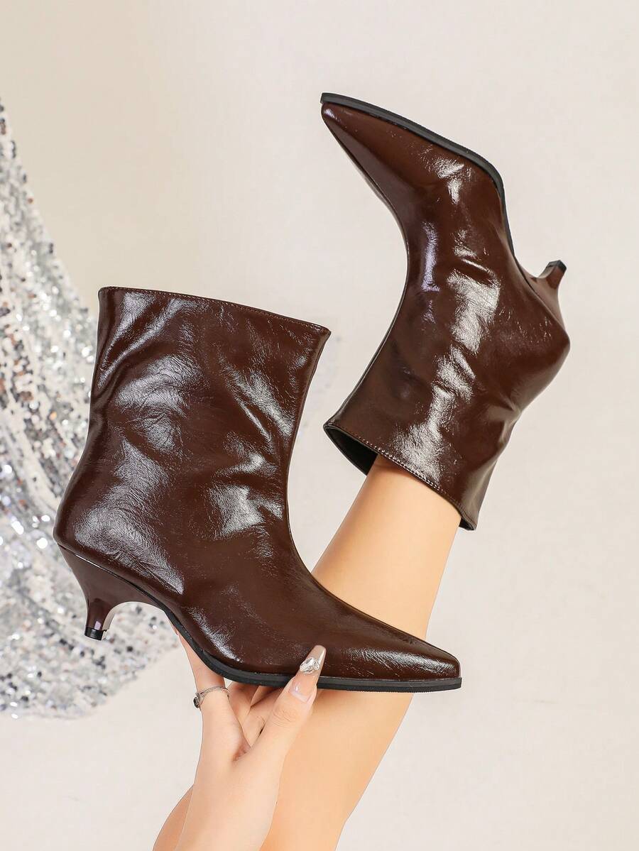 Women's Brown Glossy Pointed Toe Kitten Heel Ankle Boots, Elegant Party & Casual Slip-On Ankle Boots, Versatile Fashion Footwear For Autumn - Rust Brown - View 1