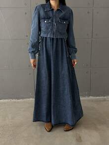 2pcs/Set Solid Color Sleeveless Dress And Front Button Long Sleeve Denim Jacket - Dark Wash - View 3
