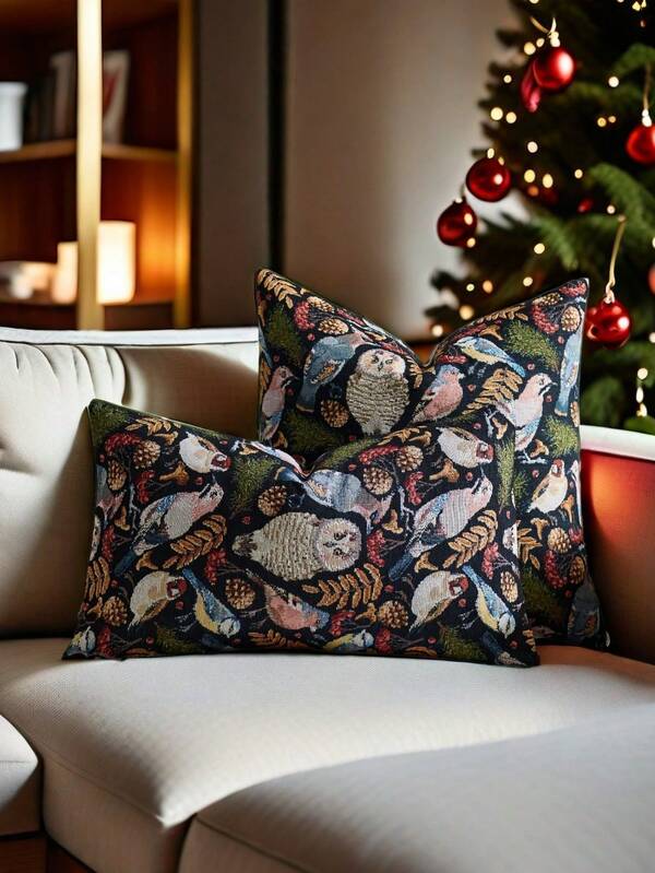1/2 Pieces, Pine Green Decorative Square Pillowcase With Tree And Bird Style, Available In Multiple Sizes, High-Density Colorful Jacquard Fabric Pillow, Pillow Core Not Included, Zipper Closure, Suitable For Christmas Holiday Parties, Sofa Cushion Covers, Bed Cushions, Living Rooms, Offices,Sofa Cushions To Match Beige Sofas ,Car Cushions,And As Simple Gifts.