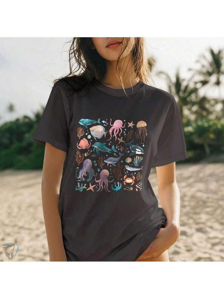Colorful Ocean Print T-Shirt | Creative Urban Fashion - 黑色 - 查看 1