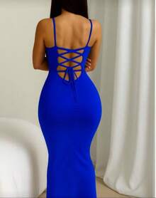 Women's Long Suplex Dress With Tie At The Back - 寶藍色 - 查看 2