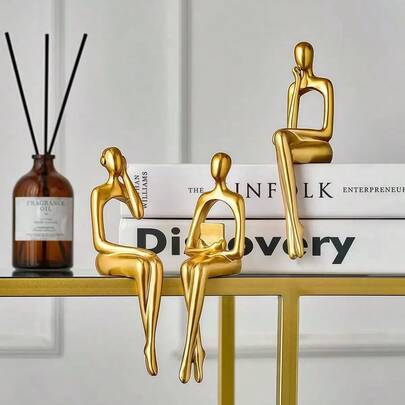 3件套金色思想者雕像家居装饰，现代抽象艺术雕塑装饰配件，适用于咖啡桌、电视柜、书桌、书架（金色）