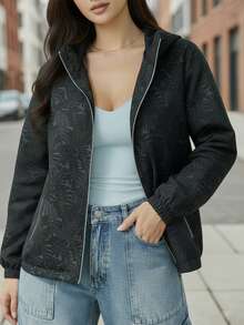 Damen Reißverschluss Kapuzenjacke leicht Lässig Windbreaker mit Taschen, botanisches Blattmuster, schwarze Outdoor Streetwear