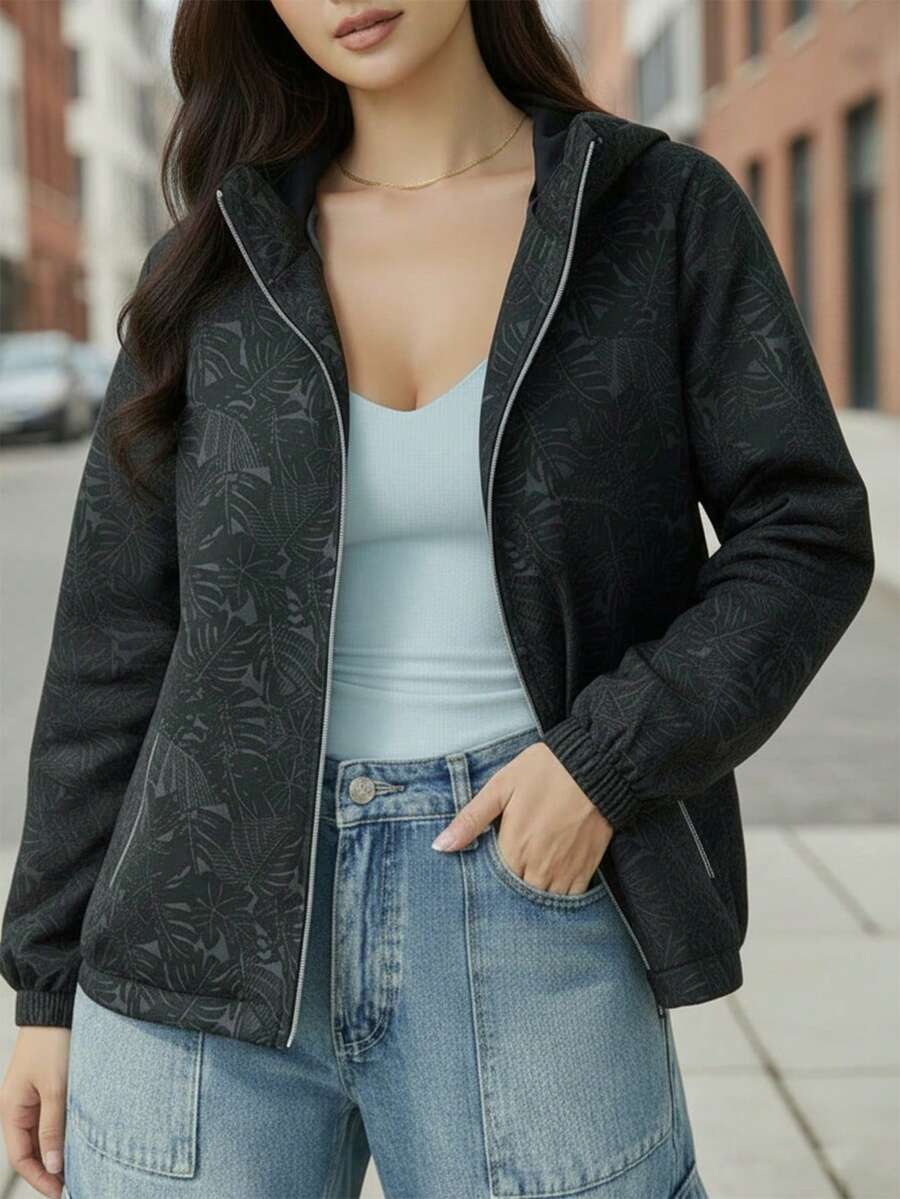 Damen Reißverschluss Kapuzenjacke leicht Lässig Windbreaker mit Taschen, botanisches Blattmuster, schwarze Outdoor Streetwear