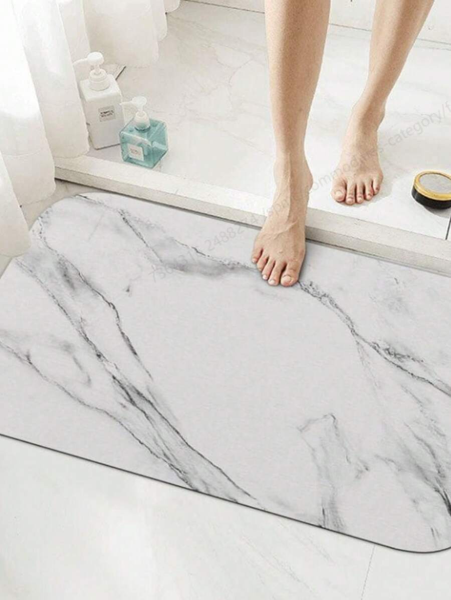 Quick-Drying Silicone Bathroom Mat, Non-Slip Rubber Backing, Waterproof Leather Bathroom Mat, Non-Woven Fabric Woven Rectangle White Marble Pattern