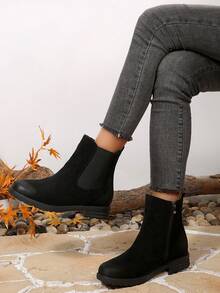 Botas de mujer de estilo occidental con cremallera lateral, de tacón plano de 3 cm, puntera redonda y, para uso casual al aire libre, viajes, vacaciones y caminatas