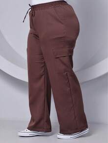 PLUS SIZE WIDE LEG HIGH WAIST PANTS WITH CARGO POCKET - 鏽棕色 - 查看 1