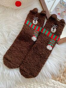 1 par de calcetines largos de tobillo cálidos, suaves y esponjosos de color rosa liso y sólido con bordado de oso para niños grandes en otoño e invierno - Marrón - Ver 9