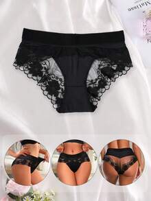 Women's Floral Lace Panties Low Waist Sheer Lace Trim Briefs Elegant Underwear Elastic Panty Lingerie Sexy Laces Splicing Triangle Pantie Women Flower Underpants Comfortable Knickers Minimal Style Safety Shorts Daily Wear