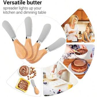 Juego de 4 cuchillos de queso antideslizantes de acero inoxidable - Cuchillo de mantequilla profesional, adecuado para restaurantes, cocinas del hogar, tablas de alimentos cocidos, sándwiches, aperitivos - Fácil de limpiar, duradero, diseño elegante, adecuado para cocinas de Navidad, cumpleaños, bodas, fiestas