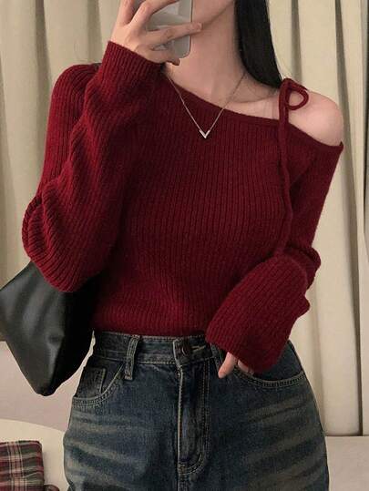 Asymmetrical Off-Shoulder Tie Bow Design Versatile Knit Sweater Top For Women, Casual & Chic, Christmas