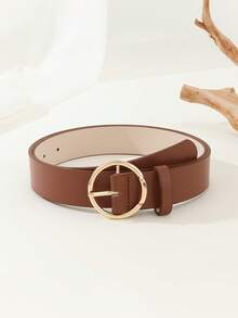 1pc Women's Belt Geometric Round Buckle Minimalist Versatile PU Material Casual Style Design Handmade Luxury Fashion Simple Versatile Clothing Accessory For T-Shirt/Dress/Shorts Medium Waist Belt Suitable For All Seasons Daily Commute Holiday Campus Gift Outfit - Coffee - View 8
