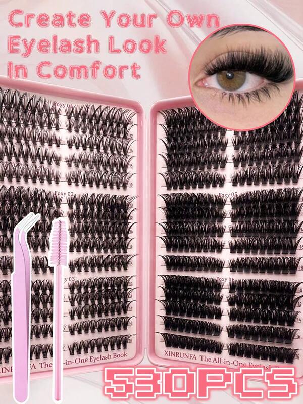 530pcs 30D+40D+50D+60D+80D+100D Curled Natural Lash Clusters - Delicate Lash Extension, Soft & Comfortable Cluster Lashes, 10-18mm Mixed Length, Reusable Faux Mink Lashes, Create Natural To Bold Looks, Ideal For Daily Wear, Weddings, Parties, Christmas, Valentine's Day, Thanksgiving And Birthday Gifts