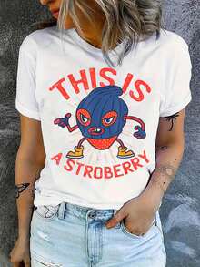 100% Cotton Stroberry Funny Strawberry Cartoon Parody Retro Character T-Shirt Summer Tees Women - 白色 - 查看 1