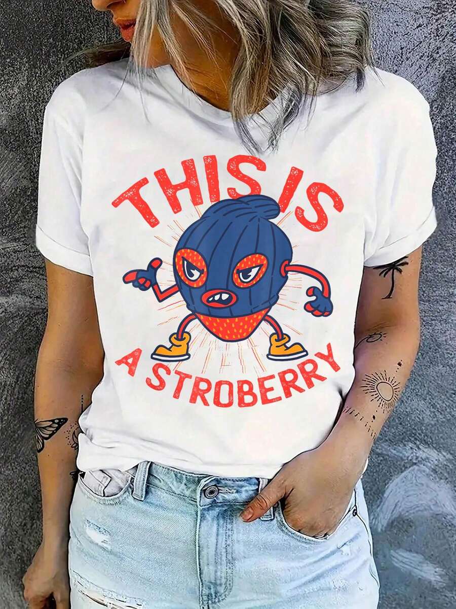 100% Cotton Stroberry Funny Strawberry Cartoon Parody Retro Character T-Shirt Summer Tees Women - 白色 - 查看 1