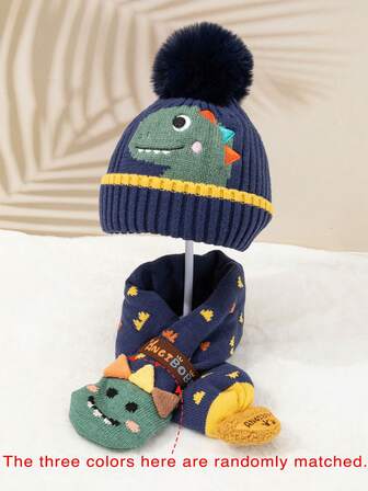 1 Set Gorro térmico forrado con estampado de dinosaurio y bufanda térmica de doble capa con estampado de dinosaurio para niños