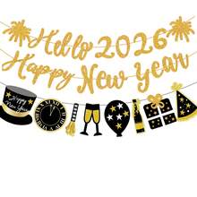 新年快乐横幅黑色闪光 DIY 横幅新年标志 NYE 横幅新年标志花环新年快乐派对 2026 NYE 派对用品装饰 - 彩色 - 查看 3