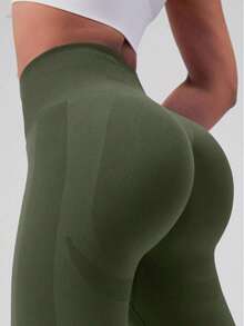 1pc Women's Seamless High Waist Butt Lifting Slimming Black Solid Leggings, Warm, Breathable, Stretchy Winter Fabric, Suitable For Gym, Outdoor Sports, Ideal For Workout And Running, Also A Must-Have For Christmas - Army Green - View 5