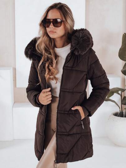 Women's Hooded Faux Fur Quilted Jacket, Warm And Lightweight Winter Parka With A Two-Way Zipper And Practical Zippered Pockets. Stylish And Warm Jacket With A Fitted Waist, An Elegant And Comfortable Outerwear For Women In Cold Weather.