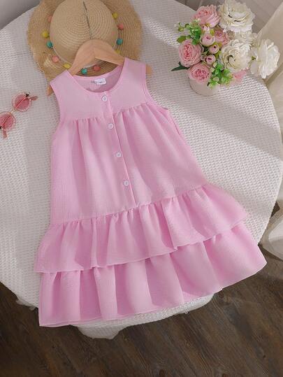 Young Girls' Summer Casual Dress, Round Neck Sleeveless Ruffle Hem Vest Sleeveless Fashion Elegant Dress