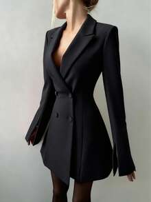Women's Elegant Fitted Flared Sleeve Double Breasted Split Cuff & Hem Blazer Jacket, Suitable For Business Casual Commuting, Daily Office Wear, Sexy Dress Up For Dating, Holiday, Party, Street Wear - Black - View 4