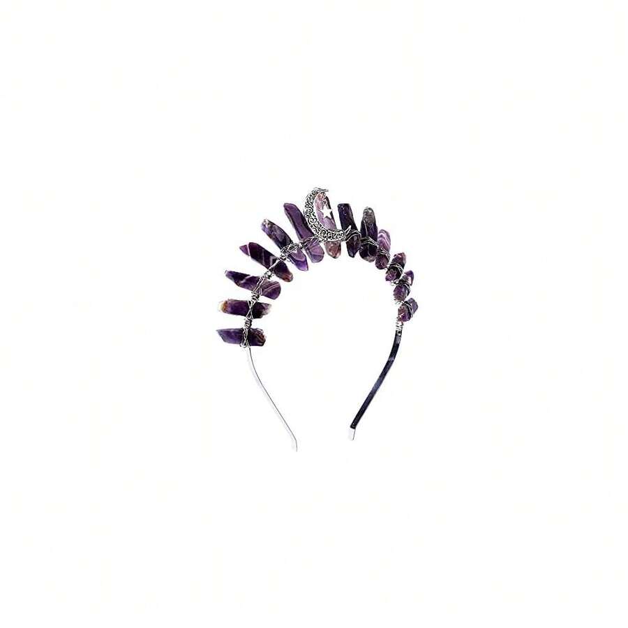 Bubbmi Women Amethyst Crystal Crown Headband Raw Quartz Tiara Moon Goddess Headpiece For Festival Bachelore Tte Party Photography{"Color_name":"PURPLE"} - 紫色 - 查看 1