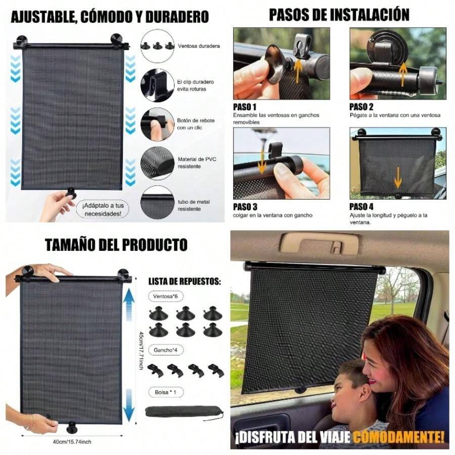 2 Piezas Parasol para Parabrisas de Coche 40x45cm Ventana Lateral Enrollable con Proteccin, Compatible con Todos los Tipos de Vehculos - Negro + 40*50 - Ver 1