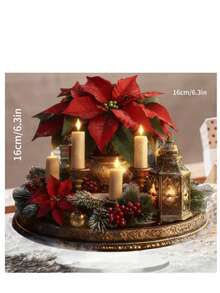 1pc Acrylic 2D Flat Christmas Centerpiece Decor - Holiday Candle Holder With Lit Candle, Poinsettia And Berries, Gold Accents, Suitable For Home And Office Decoration, Multipurpose Holiday Decor, No Power Required - Multicolor - View 6