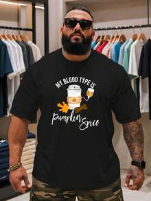 Men's "My Blood Type Is Pumpkin Fragrance" Graphic T-Shirt - Casual, Breathable, Loose Short Sleeve T-Shirt, Suitable For Summer Outdoor Activities, Outdoor Casual Wear |   Fun Print |   Comfortable Style, Machine Washable, Halloween, Christmas Gifts - Black - View 3