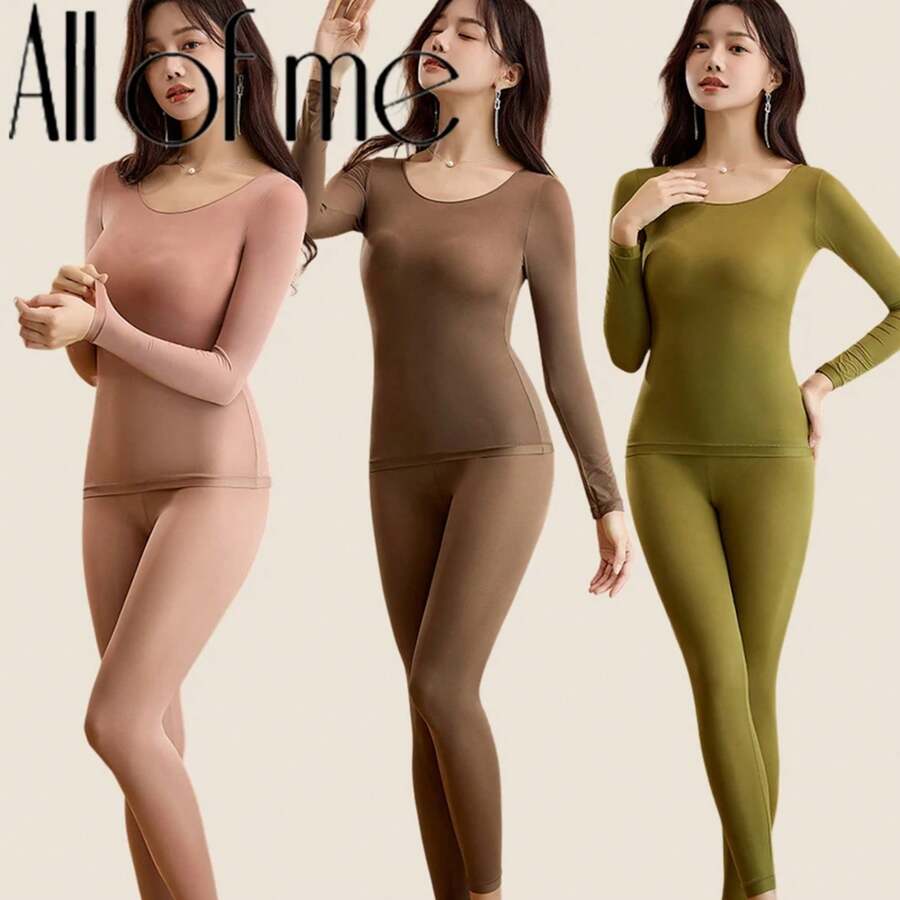 Ropa Interior Térmica para Mujeres Ropa de Invierno Sin Costuras Gruesa Doble Capa Lencería Cálida Conjunto de Ropa Térmica para Mujeres 2 Piezas - Blanco - Ver 1