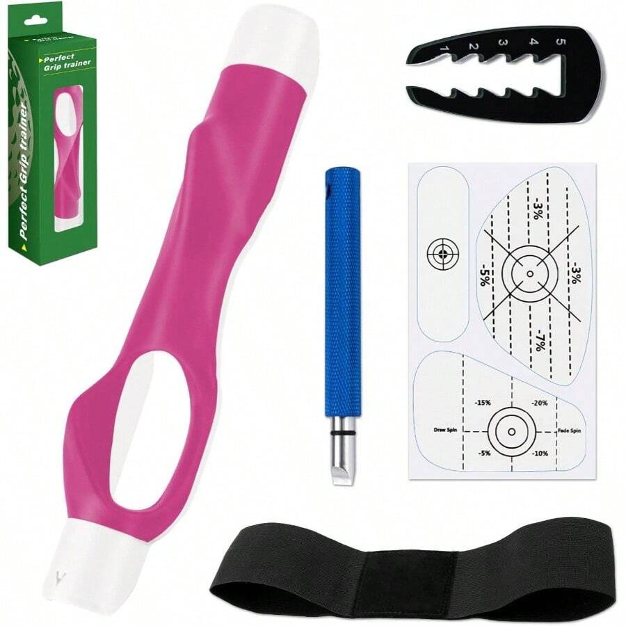 5 - In - 1 Training Kit: Grip Trainer, Swing Correcting Arm Band, High - Resolution Impact Tape Correct Position, Adjustable Tee Height Club Groove Sharpener Adjusting Hitting - Hồng - Xem 1
