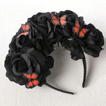 Mexican Black Rose Flower Crown Mexican Floral Headpiece Death Of The Day Dark Rose Flower Headband With Butterfly For Dia De Los Muertos Costume Halloween Festival Party Hair Accessories