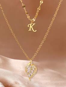 1pc Double Layer Copper Zirconia Stone Leaf & Letter Pendant Stainless Steel Necklace, Elegant & Versatile Choker Necklace, Suitable For Daily Wear, Best Gift For Women