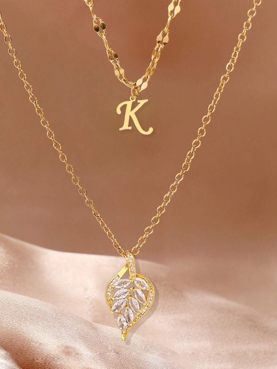 1pc Double Layer Copper Zirconia Stone Leaf & Letter Pendant Stainless Steel Necklace, Elegant & Versatile Choker Necklace, Suitable For Daily Wear, Best Gift For Women