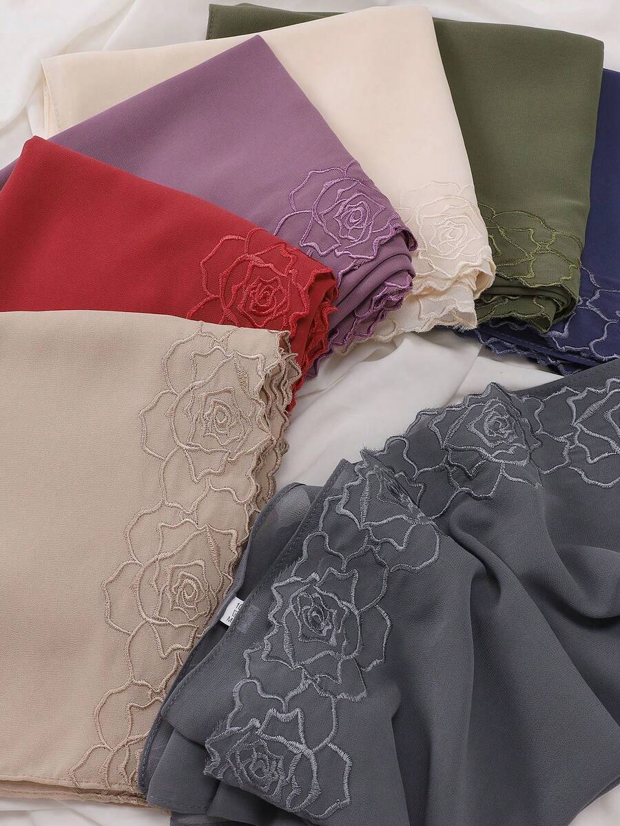 1 lenço hijab muçulmano de chiffon elegante com bordado de rosas para abaya - Multicolorido - Ver 1