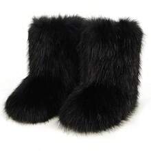 Women's Furry Faux Fur Boots Fuzzy Fluffy Mid Calf Snow Boots Suede Warm Fur Lined Booties Flat Fashion Boots