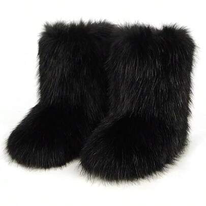 Women's Furry Faux Fur Boots Fuzzy Fluffy Mid Calf Snow Boots Suede Warm Fur Lined Booties Flat Fashion Boots